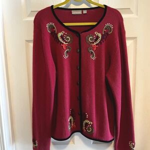 Croft & Barrow Holiday Red Wool Embroidered Cardigan Sweater Women's XL BLK Trim